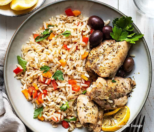 Chicken Gyros Bowl with Herb Rice, Capsicum & Tzatziki