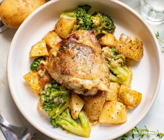 Maple Mustard Roast Chicken with Baked Potatoes, Crispy Bacon & Broccoli