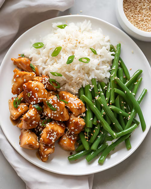 Honey-Crispy Chicken with Sesame Greens & Rice